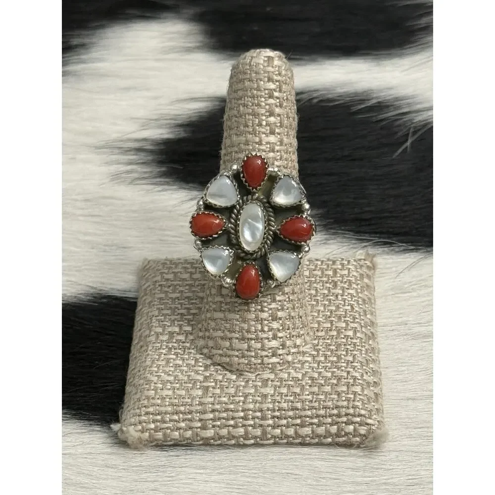 Native American Sterling Silver Red Coral Mother Of Pearl Cluster Flower Ring